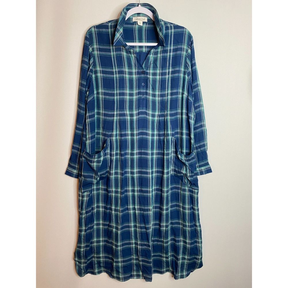 Coldwater Creek Blue Plaid Henley Midi Soft Shirt Dress Pockets Lined Size  L